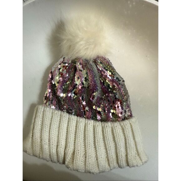 Tucker + Tate Kids Sparkle Sequins Rib Knit Pom Beanie Hat Purple White One Size - Picture 3 of 7